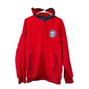 PHILADELPHIA 76ERS Jacket Mens L Red Adidas Track Full Zip Hooded Warm Up NBA